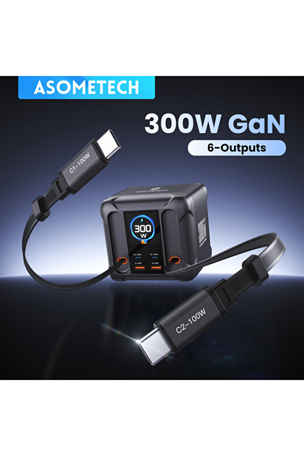 محطة شحن USB من KR ASOMETECH بقوة 300 واط مع شاشة LED وكابل Type C قابل للسحب، يدعم الشحن السريع 100 واط و65 واط وتقنيات PD3.0 وPPS