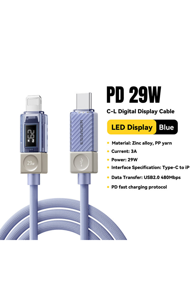 كابل ESSAGER USB-C أزرق بطول 1 متر وقدرة 29 واط لهواتف آيفون 14 و13 و12 برو ماكس وXR و8، شحن سريع PD لأجهزة آبل