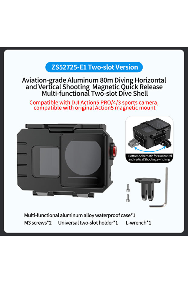 No Logo 2 Slot Version Deep Sea 80M Underwater Camera Case for DJI Action 5 Pro 4 3 Aluminum Alloy H