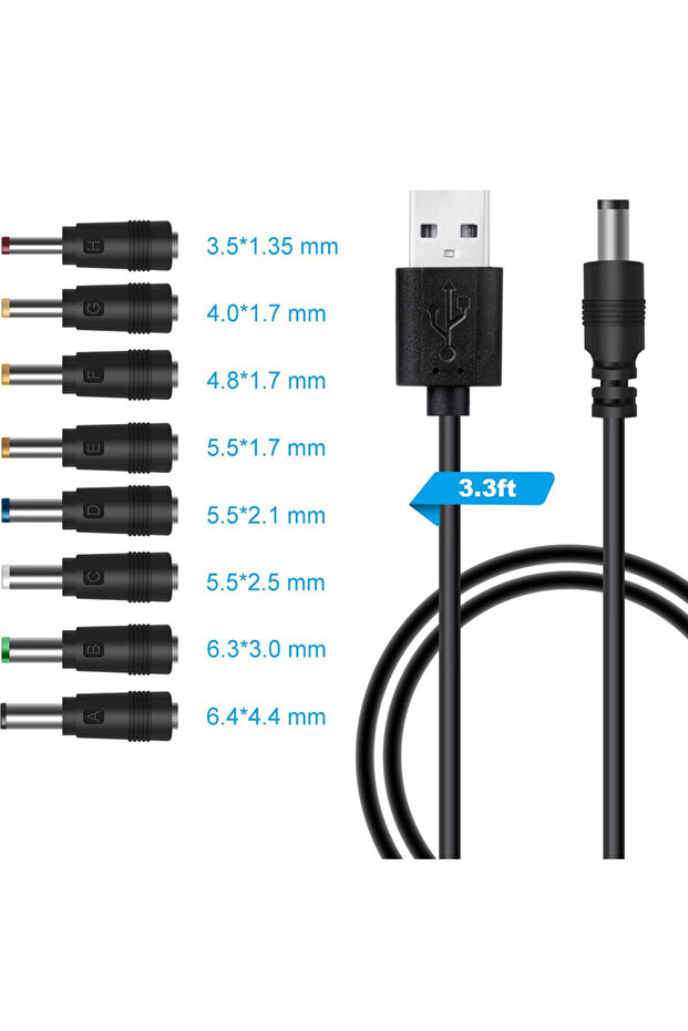 كابل USB إلى موصل DC مع 8 محولات، كابل USB إلى موصل DC مقاس 5.5×2.1 مم، محول طاقة 5 فولت مناسب