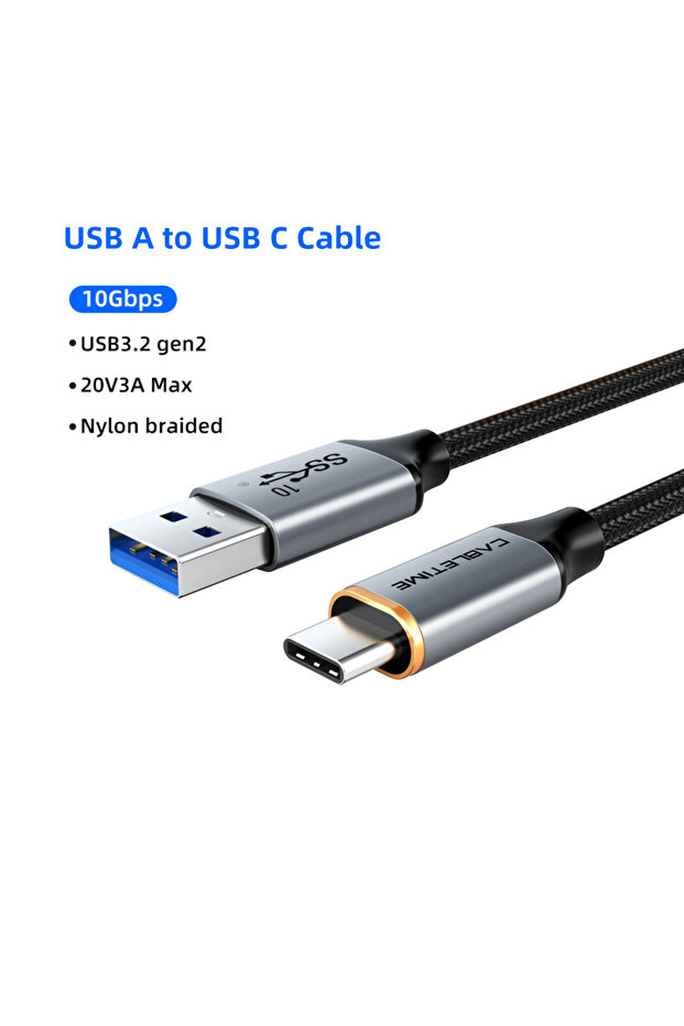 كابل USB 3.2 بطول 0.5 متر من CABLETIME، كابل USB-C بسرعة 10 جيجابت في الثانية، كابل شحن سريع من نوع C، كابل نقل بيانات سريع.