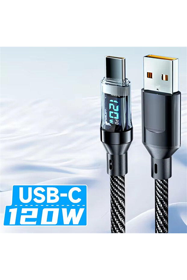 كابل USB-A بطول 1 متر بقوة 120 واط، كابل شحن فائق السرعة مع شاشة عرض رقمية في الوقت الفعلي، من USB A إلى Type C لنقل البيانات