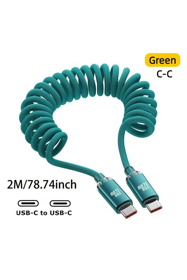 Green C- C 2M 120W Car Spring Cable Retractable USB C To Type C Fast Charging Cable For S25 For iPh
