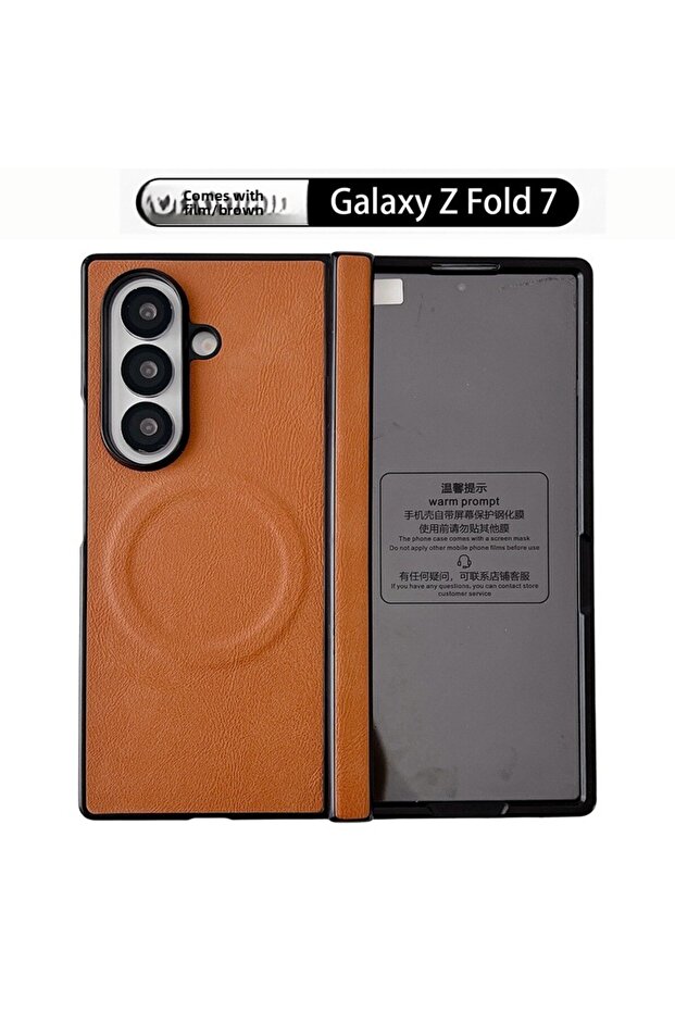 Galaxy Z Fold7 brown(with flim) Magnetic Phone Case For Z Fold 7 6 5 4 3 Leather Magsafe Wireless