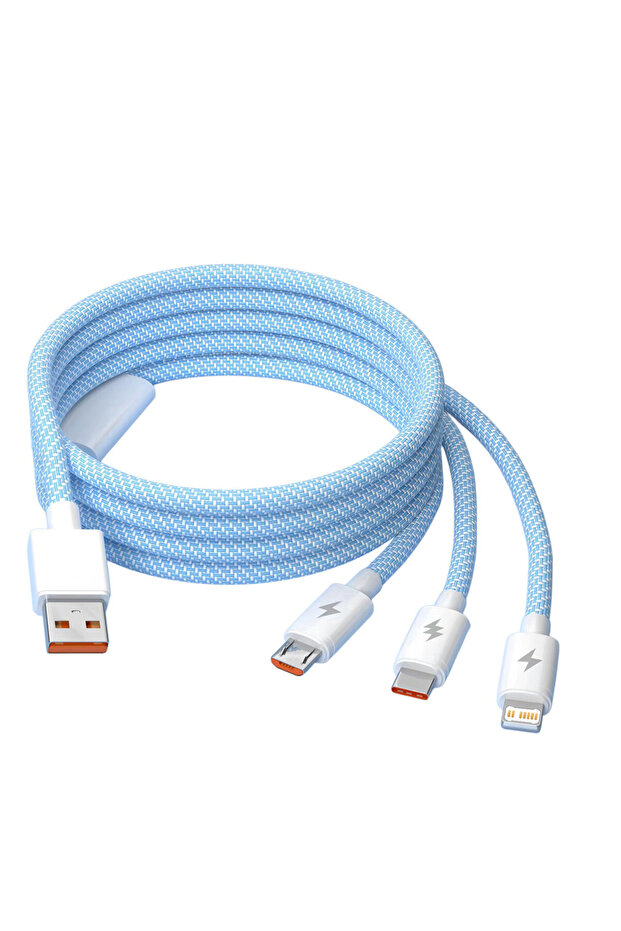 شاحن سريع 3 في 1 بطول 1.2 متر باللون الأزرق - 240 واط مع منافذ USB-C وMicro USB لهواتف آيفون وبوكو - شحن عالي السرعة متعدد الأجهزة