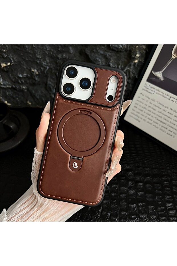 iPhone17 Pro Max Dark Brown Luxury Magnetic Bracket Ring PU Leather Phone Case, For IPhone 17 16 15