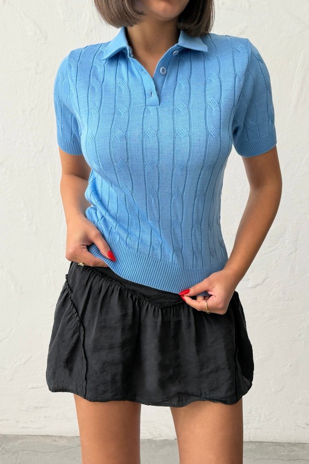 Women's Blue Hair Braided Cotton Thin Knitwear Polo T-Shirt