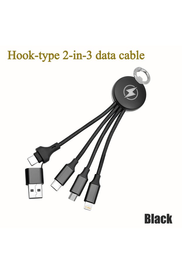 Black Multi Charging Cable Short Portable Hook Keyring 2 in 3 Fast Charger Cord PD 240W USB A/C to T