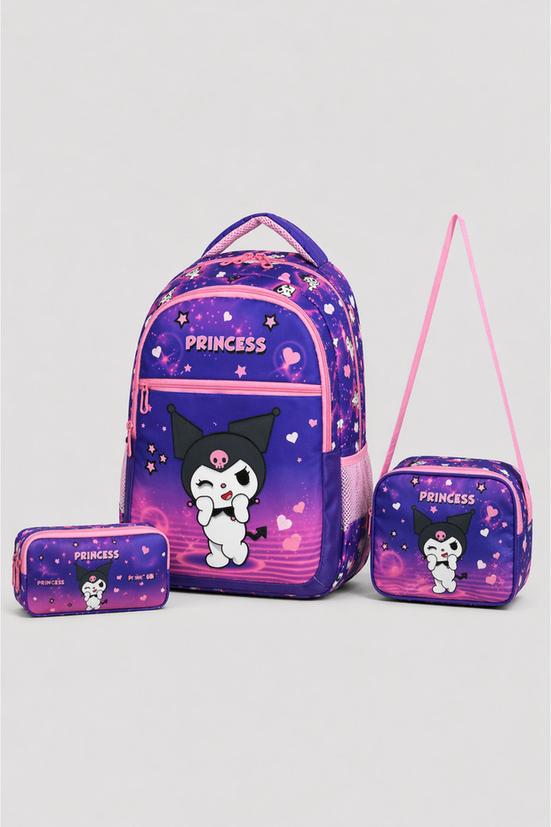 Purple Kuromi Patterned Bag, Lunch Bag, Pencil Holder, Girls' 3-Piece Set, Primary School Bag -25210