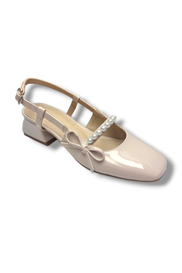 Espathy 326-26 patent pearl buckle short square heel open back women's shoes