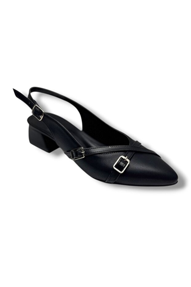 680-26 Skin Double Buckle Square Heel Open Back Women's Shoes