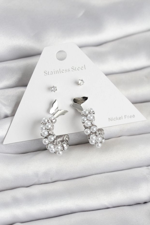 Brass Silver Rk Detailed Women's Earring Set