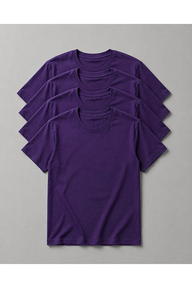 Unisex Men'S/Women's 4-Piece Purple Cotton Crew Neck Basic T-Shirt