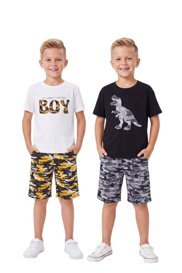 Dinosaur and Boy Printed Camouflage Patterned Boys' T-Shirt Shorts Set Summer Cotton Comfortable Fit Set of 2