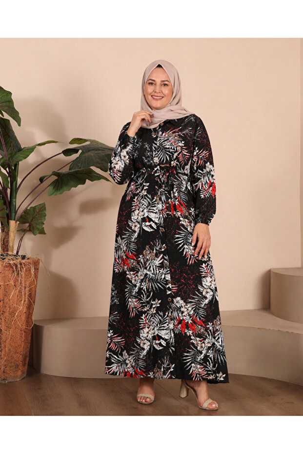 Plus Size Floral Patterned Long Dress – Belted and Buttoned Hijab Dress