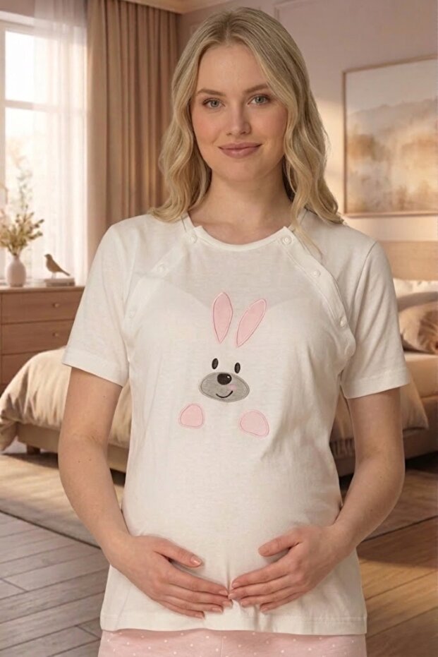 Women's Rabbit Embroidered Maternity Pajama Set with Breastfeeding Feature, 2-Piece
