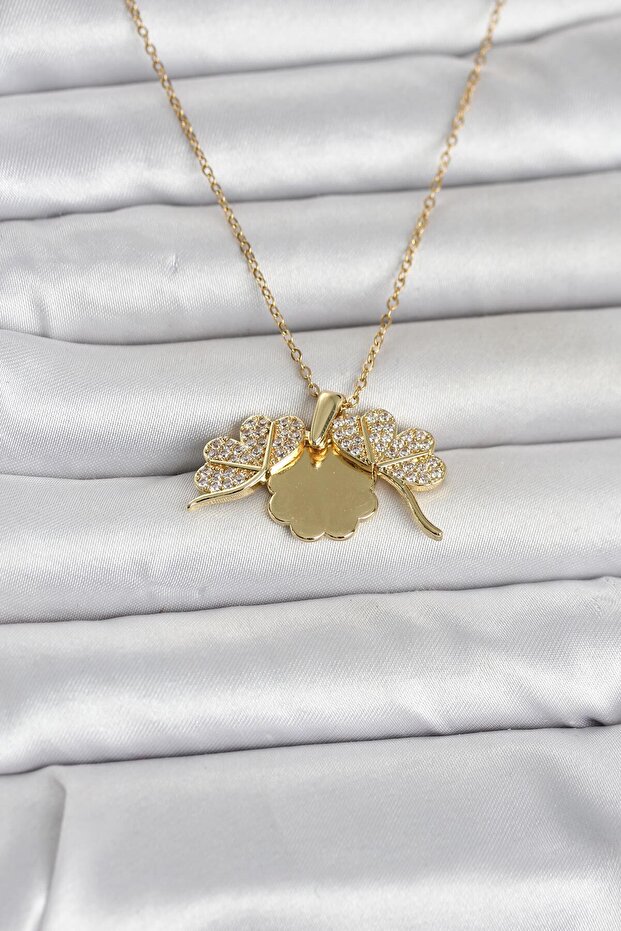 316L Steel Gold Color Openable Clover Model Zircon Stone Women's Necklace