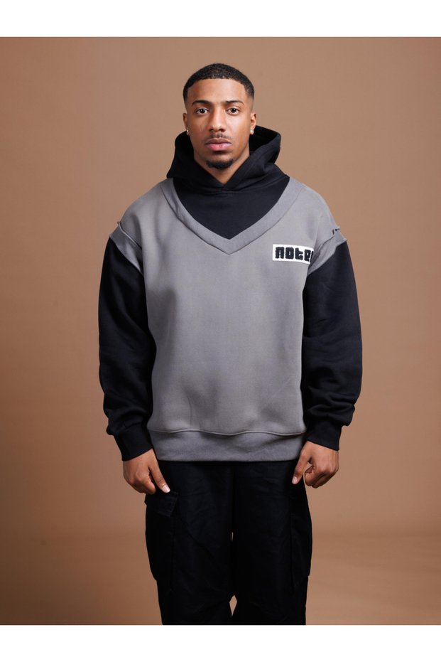 Grey Layered Look Relaxed Fit Hoodie