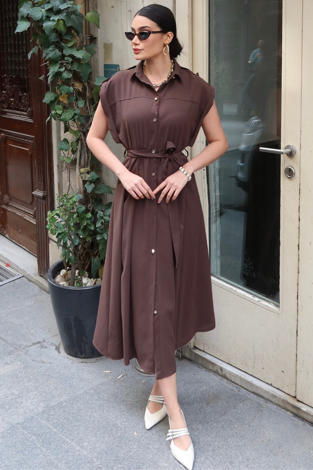 Crep Fabric Buttoned Belted Dress