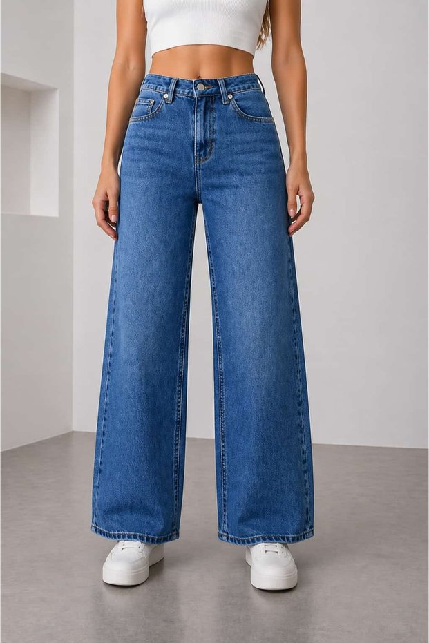 High Waist Loose Wide Leg Lycra Women's Jean Denim Trousers Blue Loose Cut