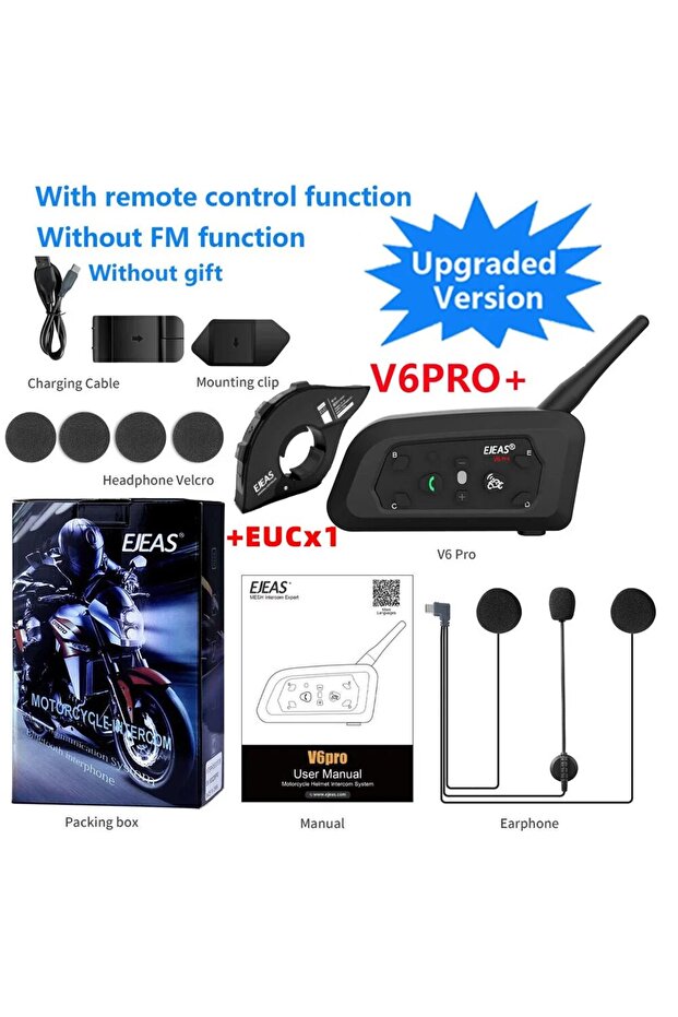سماعة رأس بلوتوث للدراجات النارية EJEAS V6 PRO +/PLUS مع وحدة اتصال 1EUC، مدى اتصال 800 متر