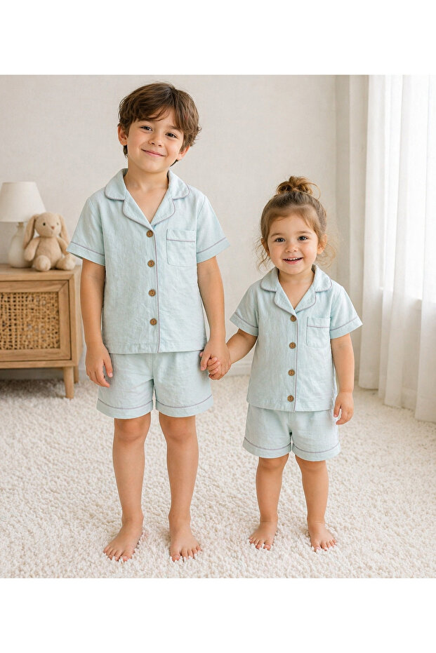 Green Moon Voile Cotton Summer Children's Pajama Set