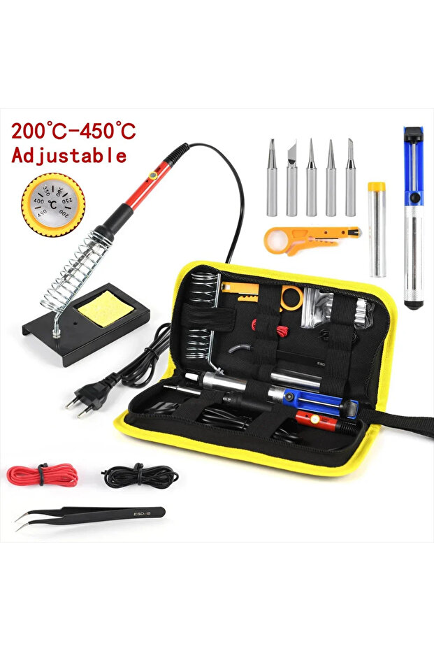 Red 15pcs Kit 220V 60W Soldering Iron Kit 450°C Adjustable Temperature Welding Tool Set With Solder