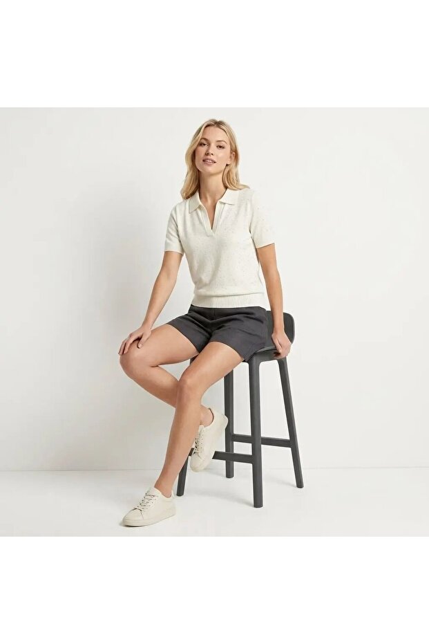 12459 Women's Polo Collar Soft Textured Glittery Knitwear Blouse