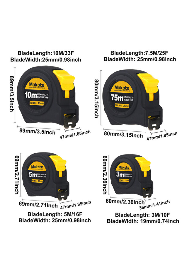 3M 10ft black Steel Retractable Measuring Tape Measure by Imperial Inch Metric Scale, 3M/10ft, 5M/16