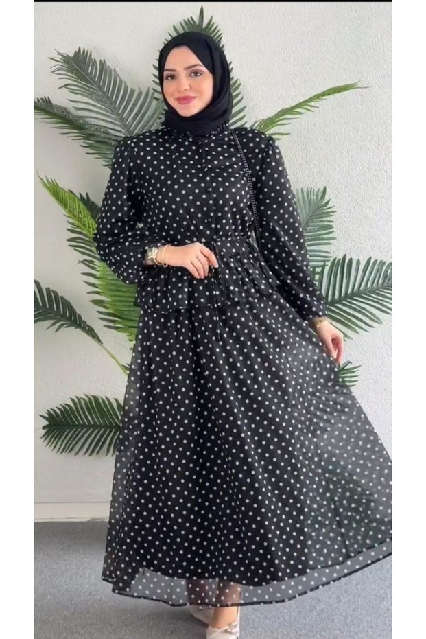 Women's Islamic Clothing Double Set with Polka Dot Skirt, Stylish and Elegant Lined Combination for Daily and Special Occasions