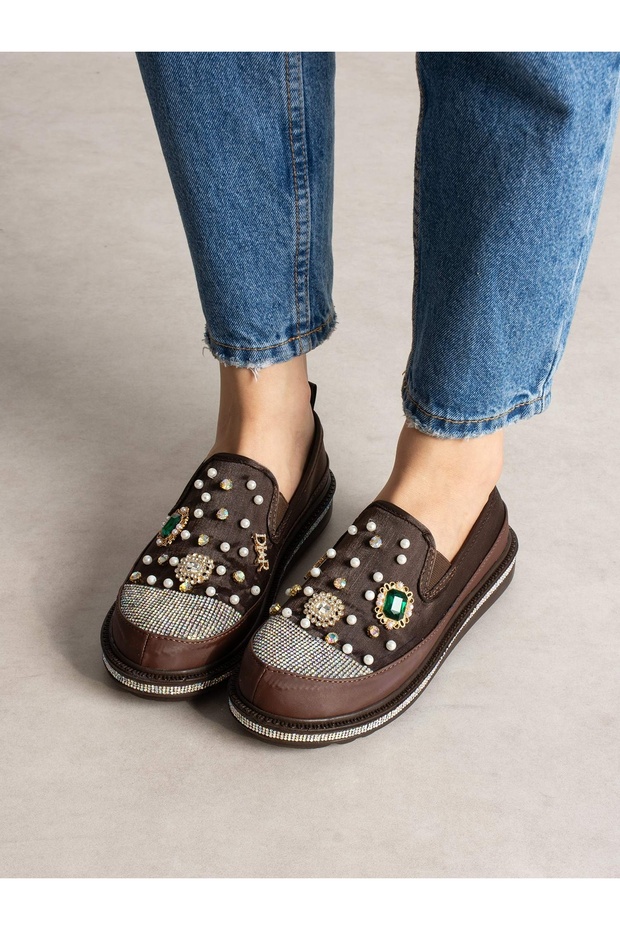 Perano Brown Stone Detailed Women's Shoes