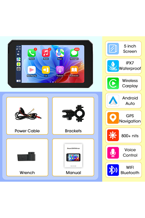 شاشة ملاحة GPS للدراجات النارية من نوع None MT Jansite مع بلوتوث مزدوج وCarplay، مقاومة للماء بمعيار IP67