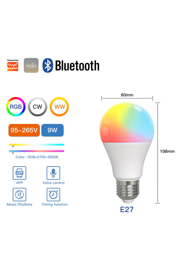 مصباح LED ذكي من MOES يعمل بتقنية البلوتوث، قابل للتعتيم، 9 واط، E27، متوافق مع TUYA، مناسب للحفلات