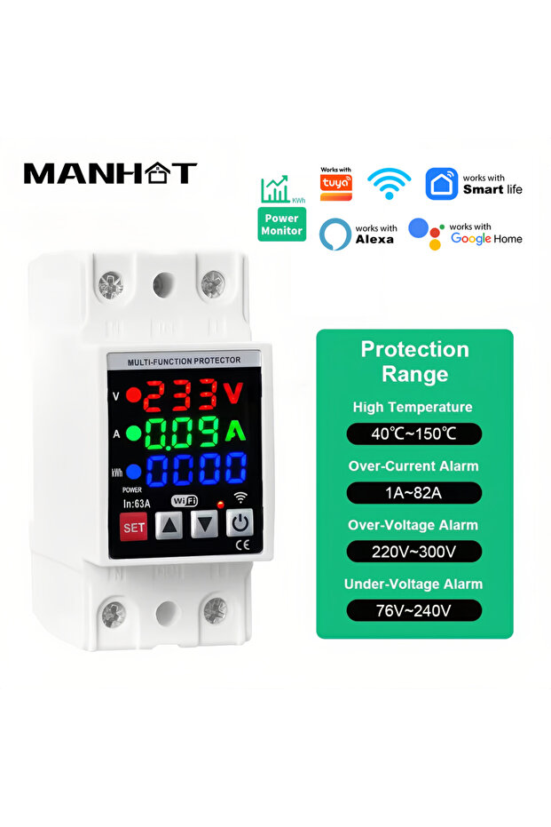قاطع دائرة كهربائية MANHOT WiFi 63A بتقنية WiFi، يثبت على سكة DIN، شاشة عرض 3 في 1، قابل للتعديل للحماية من زيادة الجهد والتيار