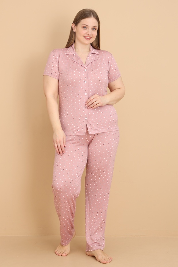 Mirano 2852 Tiny Heart Milan Fabric Short Sleeve Buttoned Large Size Women's Pajama Set