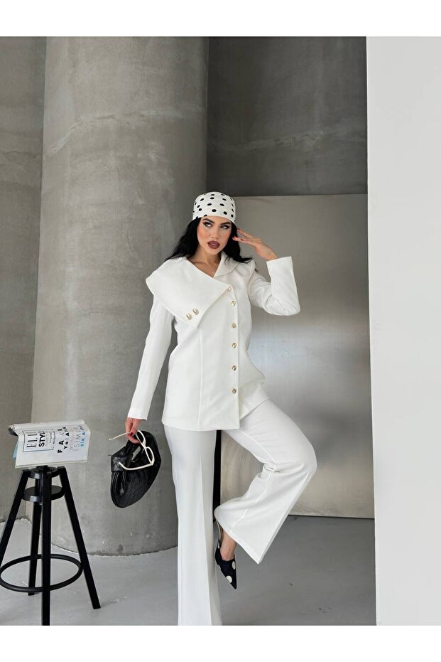 Women's Double-Breasted Blazer Jacket Pants Set Stylish Button Detail Modern Office Formal Suit