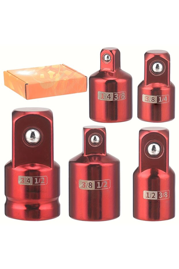 طقم محولات مفاتيح صدمية حمراء 5 قطع، محول ومخفض مقاسات، 1/2 إلى 3/4، 1/2 إلى 3/8، 3/8 إلى 1/2، 3/8 إلى 1/2
