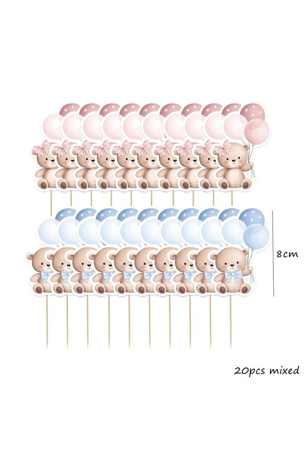 20pcs pink blue A 20pcs Balloon Bear Toppers Carton Cupcake Topper for Kids Baby Shower Bear Happy B