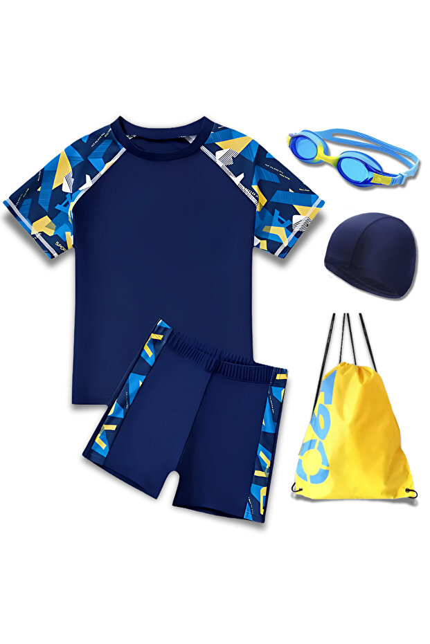 OCEANIC 5PCS Boys Summer Swimsuit Set, Drawstring Bag, Anti-Fog No Leaking Kids Swim Goggles UPF 50+ Sun Protection Short Sleeves Rash Guard
