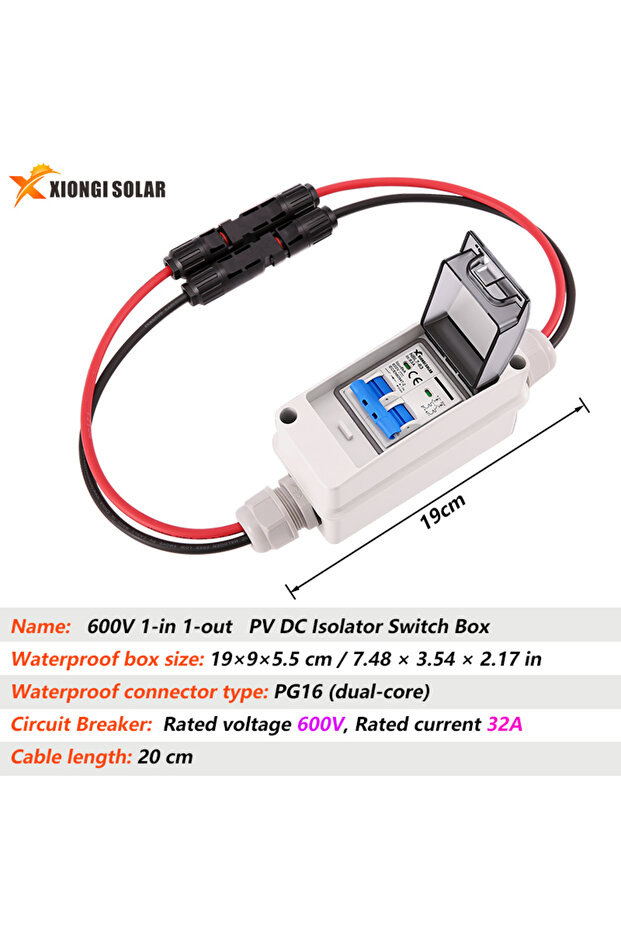 صندوق فصل تيار مستمر للطاقة الشمسية 2P 600V 32A مع قاطع دائرة كهربائية 600V 63A MCB IP65 HT، صندوق مقاوم للماء ثنائي الاتجاه 1 مدخل 1 مخرج