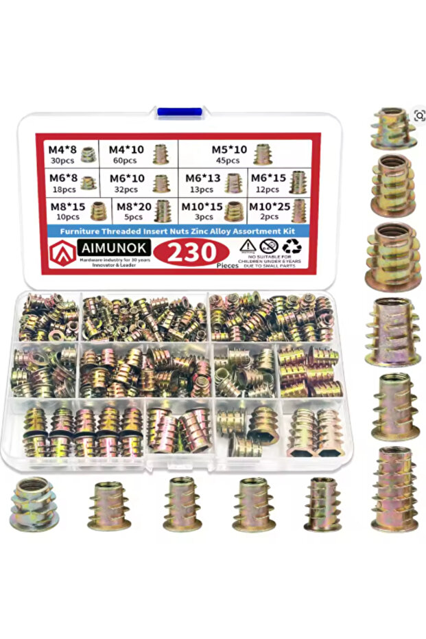 230pcs Kit 130/230pcs Threaded Inserts Nuts, Threaded Wood Inserts Nuts Assortment Tool Kit, 11 Size
