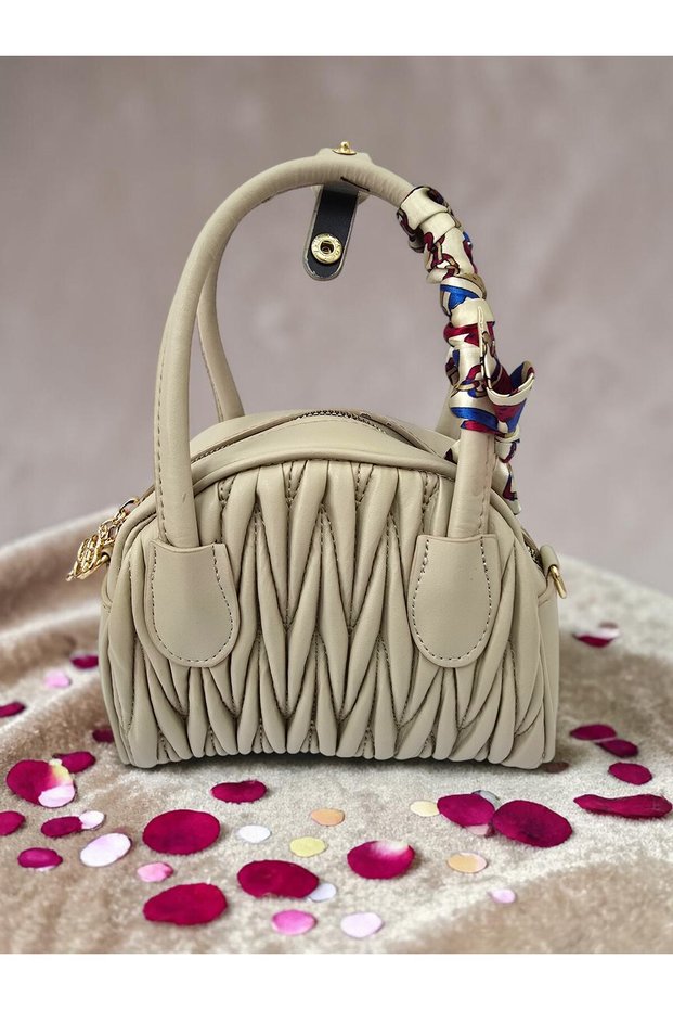 Beige Pleated Folded Leather-Look Mini Shoulder and Hand Bag with Scarf Accessory