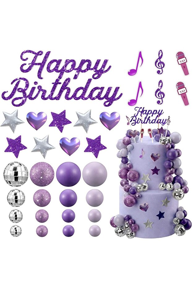 32pcs Sparkle K-Pop Birthday Cake Decor: Purple Disco Balls, Musical Notes & Glitter Stars – Party S