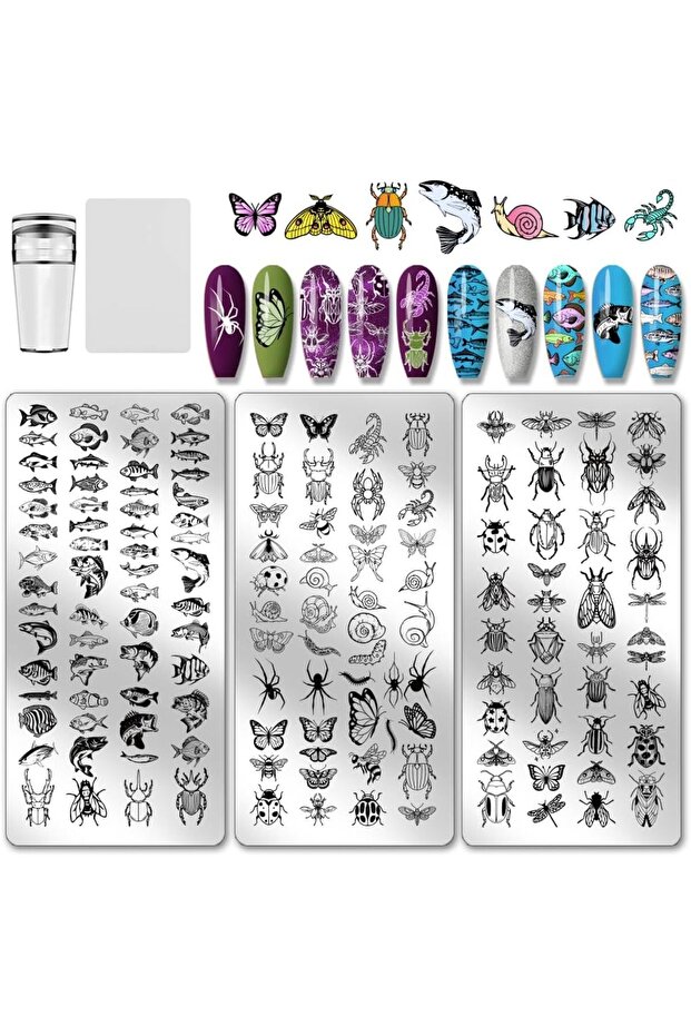 AECH-28869 3pcs Insects Nail Stamping Plates Fish Nail Art Templates Beetle Snails Nails Art Stencil