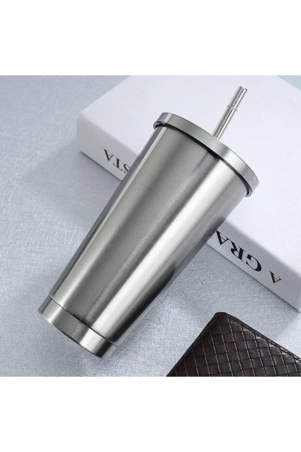 silver New Large Capacity Office Coffee Cup 304 Stainless Steel Straw Cup Portable Home Cooling Insu