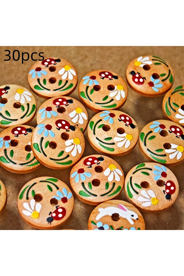 15mm 30pcs 10/30-Pack Ladybug Wooden Buttons - Cute Natural Wood Sewing Buttons for Knitting, Sweate