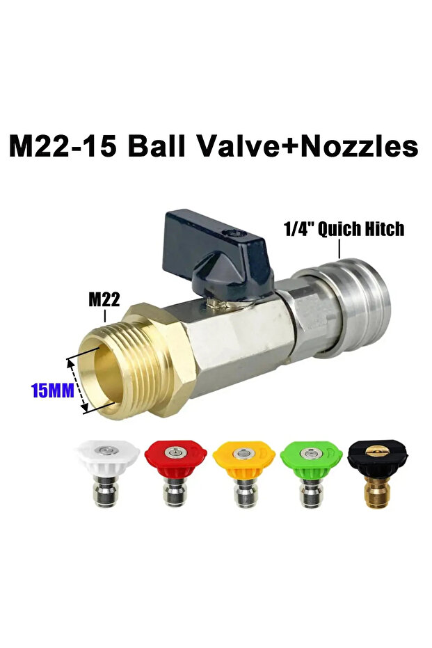 D High Pressure Washer M22-14/15MM Adapter Kit, Ball Valve On/Off Switch + 1/4" Quick Connect 5 Noz.
