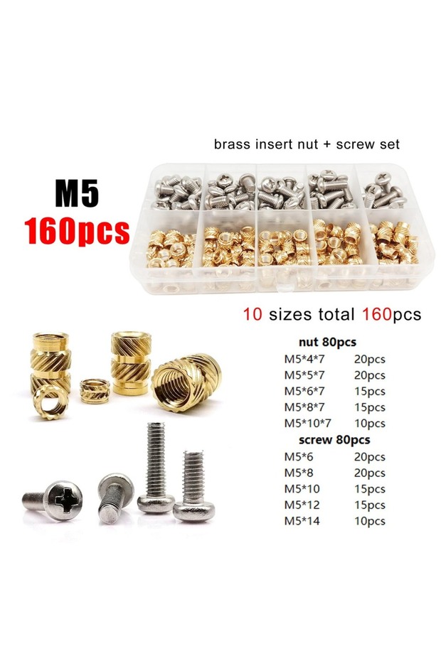 M5 160pcs M1.4 M1.6 M2 M2.5 M3 M4 M5M6 Brass Copper Twill Knurled Thread Hot Heat Melt Injection 3D