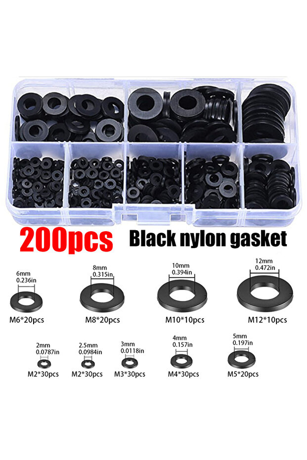 200pcs 200/600-Piece Set of Black Nylon Gaskets, M2-M12 Round Nylon Gaskets, Suitable for High Tempe