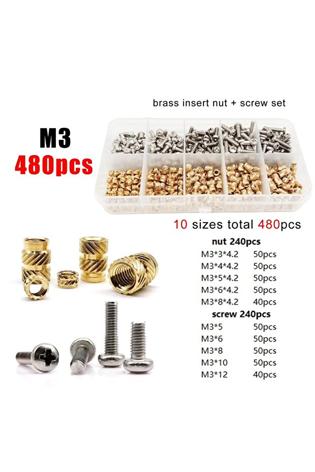 M3 480pcs M1.4 M1.6 M2 M2.5 M3 M4 M5M6 Brass Copper Twill Knurled Thread Hot Heat Melt Injection 3D